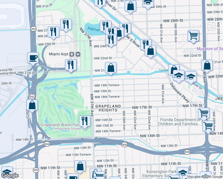 map of restaurants, bars, coffee shops, grocery stores, and more near 3551 Northwest 19th Street in Miami