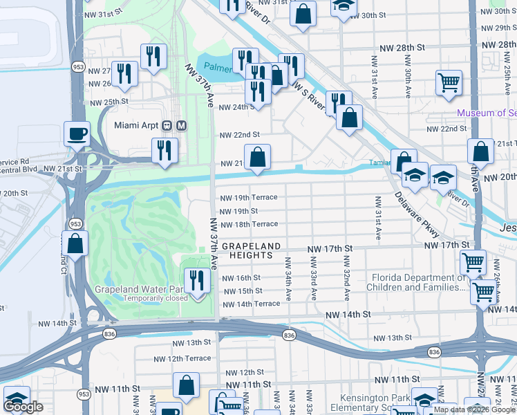 map of restaurants, bars, coffee shops, grocery stores, and more near 3551 Northwest 19th Street in Miami