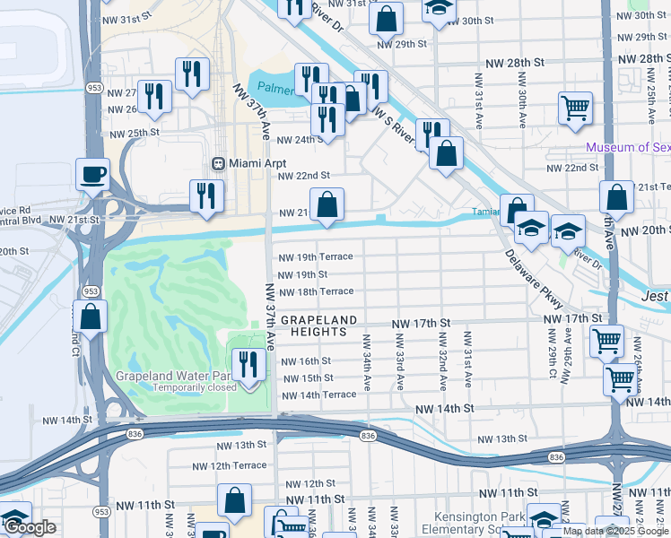map of restaurants, bars, coffee shops, grocery stores, and more near 3531 Northwest 19th Street in Miami