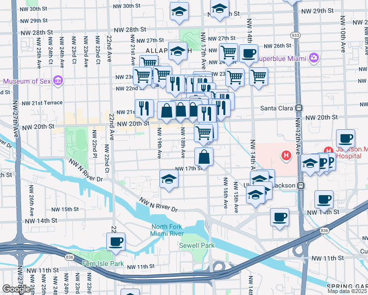 map of restaurants, bars, coffee shops, grocery stores, and more near 1759 Northwest 18th Terrace in Miami