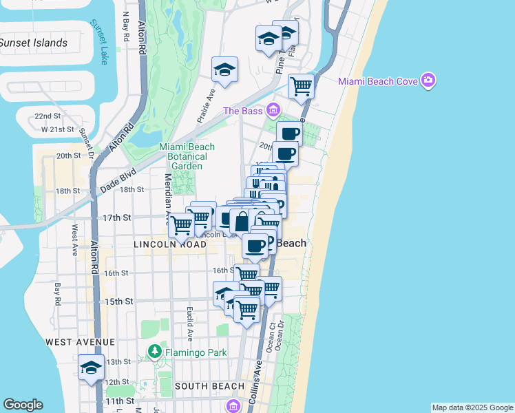 map of restaurants, bars, coffee shops, grocery stores, and more near 1701 Washington Avenue in Miami Beach
