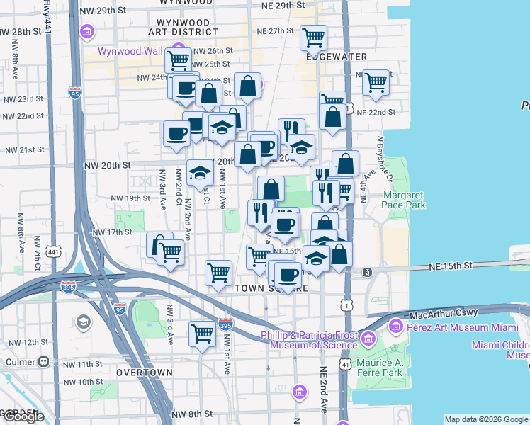 map of restaurants, bars, coffee shops, grocery stores, and more near 1749 North Miami Avenue in Miami