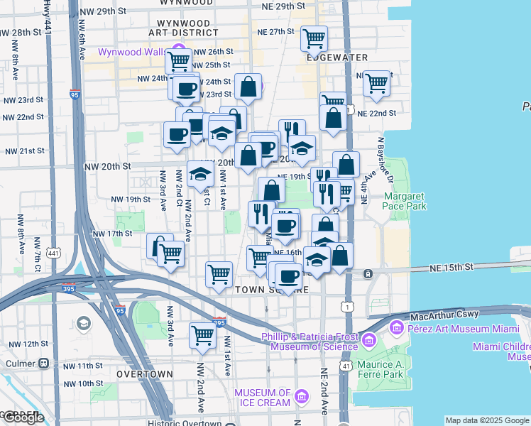 map of restaurants, bars, coffee shops, grocery stores, and more near 1749 North Miami Avenue in Miami