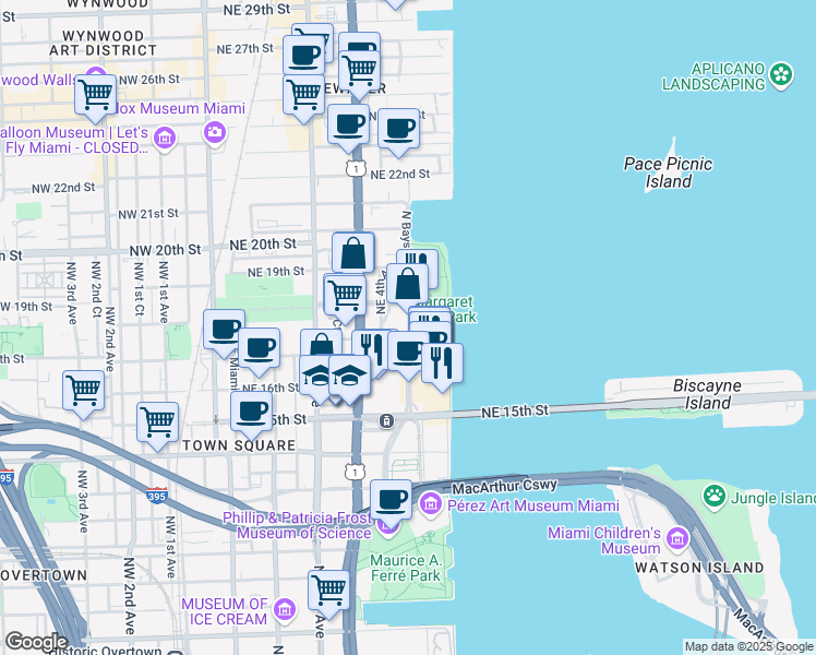 map of restaurants, bars, coffee shops, grocery stores, and more near 1756 North Bayshore Drive in Miami