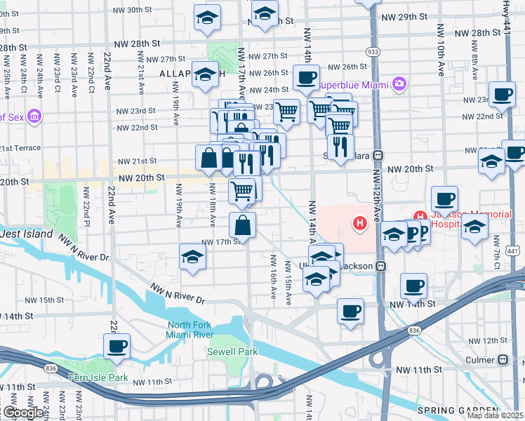 map of restaurants, bars, coffee shops, grocery stores, and more near 1630 Northwest 19th Street in Miami