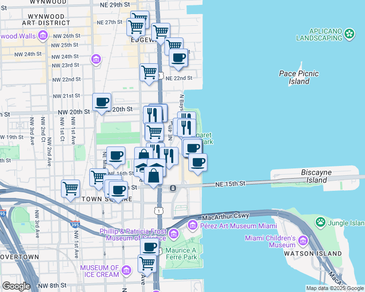 map of restaurants, bars, coffee shops, grocery stores, and more near 1756 North Bayshore Drive in Miami