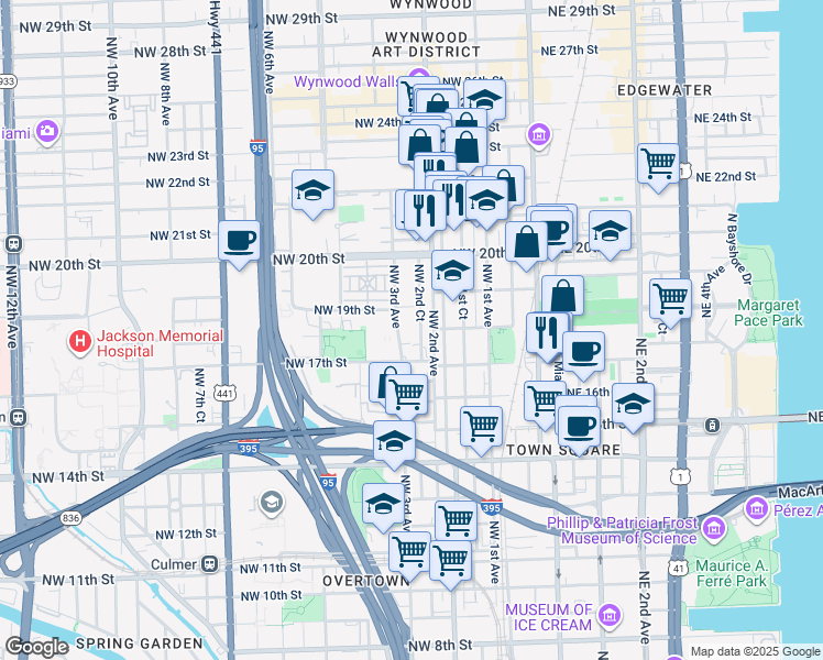 map of restaurants, bars, coffee shops, grocery stores, and more near 1746 Northwest 2nd Court in Miami