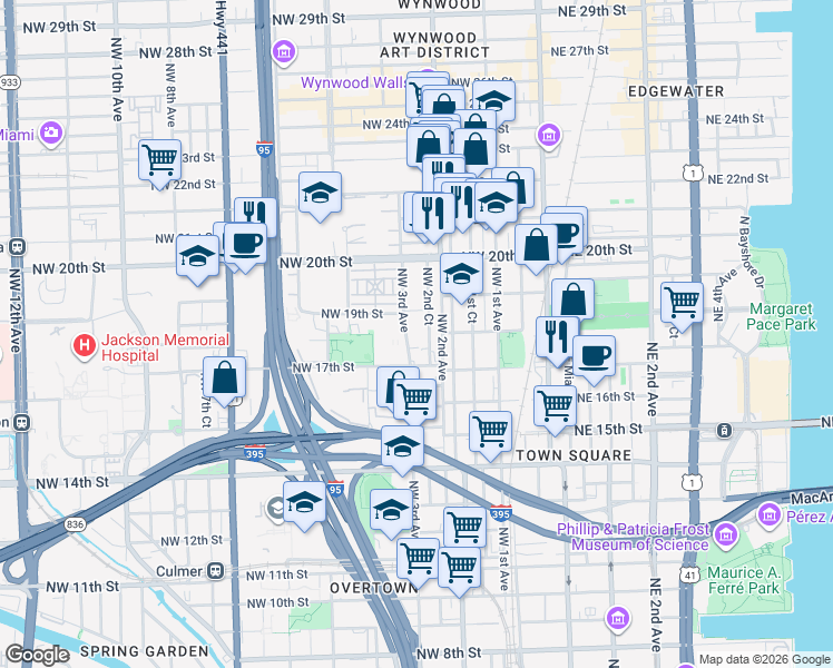 map of restaurants, bars, coffee shops, grocery stores, and more near 1750 Northwest 3rd Avenue in Miami