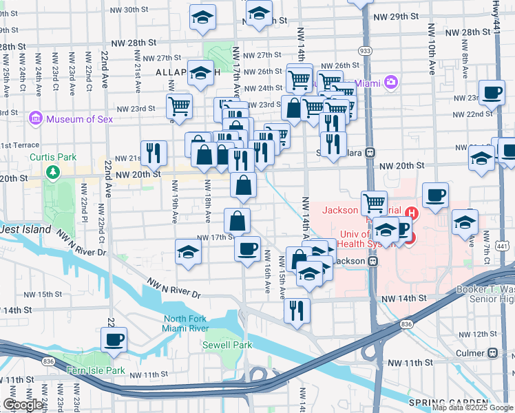 map of restaurants, bars, coffee shops, grocery stores, and more near 1515 Northwest 18th Street in Miami