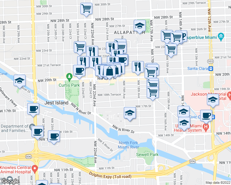 map of restaurants, bars, coffee shops, grocery stores, and more near 2038 Northwest 18th Terrace in Miami