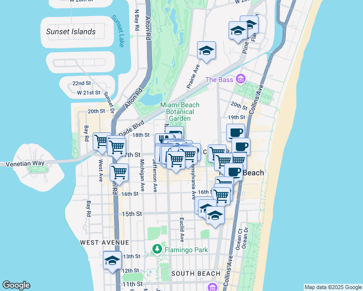 map of restaurants, bars, coffee shops, grocery stores, and more near 1700 Convention Center Drive in Miami Beach