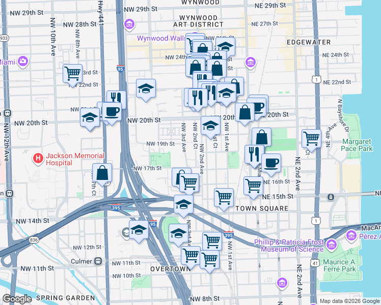 map of restaurants, bars, coffee shops, grocery stores, and more near 1750 Northwest 3rd Avenue in Miami