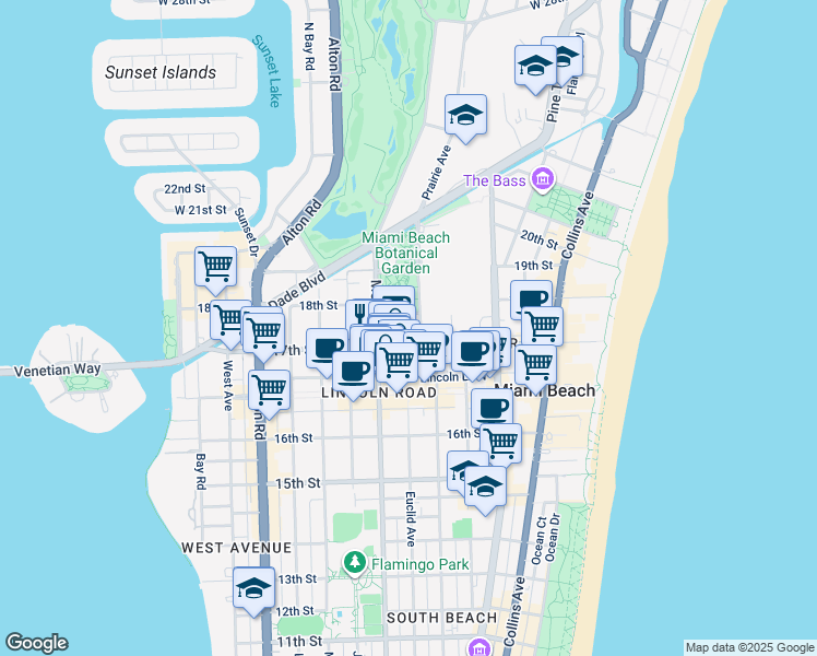 map of restaurants, bars, coffee shops, grocery stores, and more near 1700 Convention Center Drive in Miami Beach
