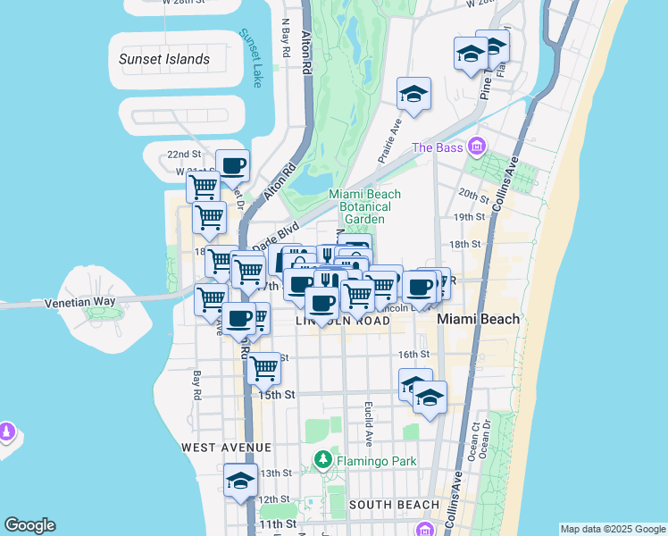 map of restaurants, bars, coffee shops, grocery stores, and more near 1719 Jefferson Avenue in Miami Beach