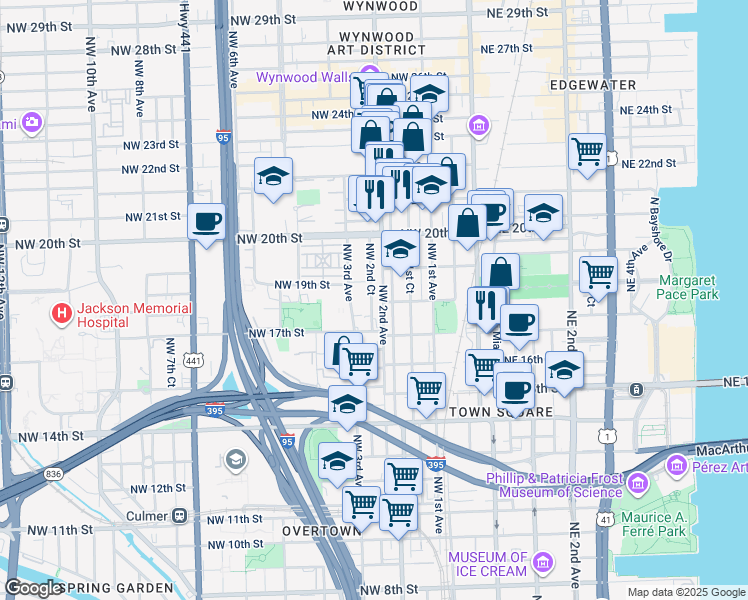 map of restaurants, bars, coffee shops, grocery stores, and more near 1746 Northwest 2nd Court in Miami