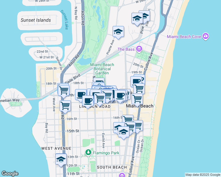 map of restaurants, bars, coffee shops, grocery stores, and more near in Miami Beach