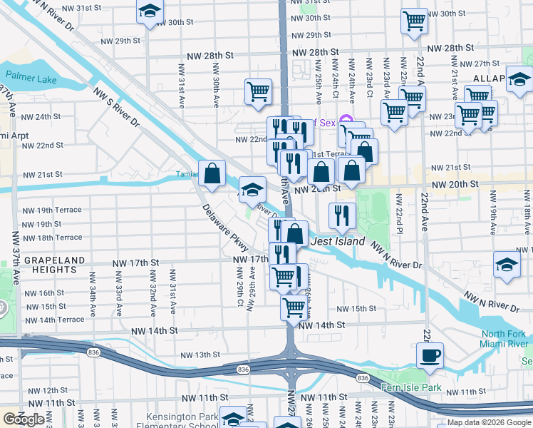 map of restaurants, bars, coffee shops, grocery stores, and more near 324 Northwest South River Drive in Miami