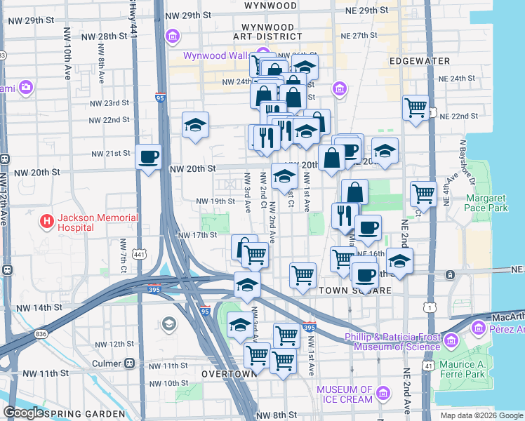 map of restaurants, bars, coffee shops, grocery stores, and more near 1746 Northwest 2nd Court in Miami