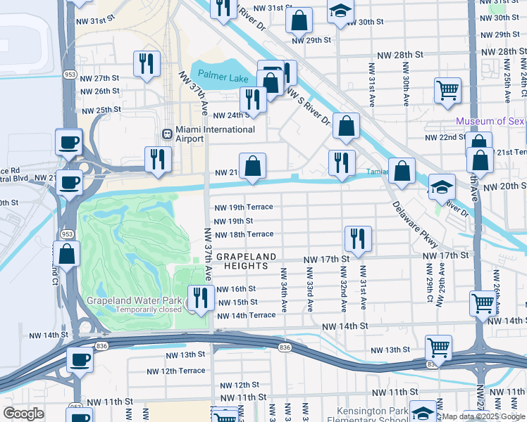 map of restaurants, bars, coffee shops, grocery stores, and more near 3531 Northwest 19th Street in Miami