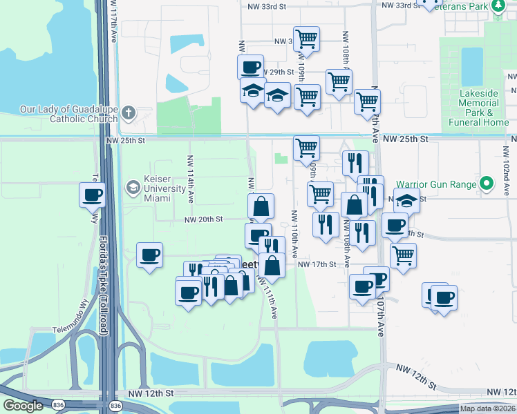 map of restaurants, bars, coffee shops, grocery stores, and more near 2051 Northwest 112th Avenue in Miami