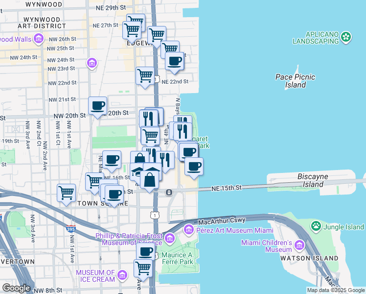 map of restaurants, bars, coffee shops, grocery stores, and more near 1756 North Bayshore Drive in Miami