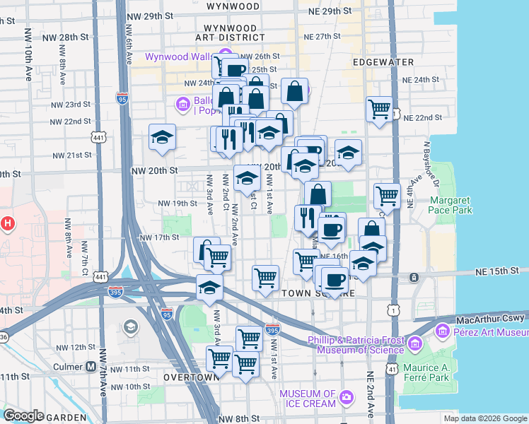 map of restaurants, bars, coffee shops, grocery stores, and more near 1765 Northwest 1st Place in Miami
