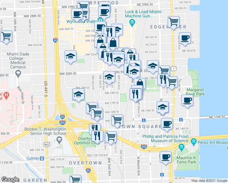 map of restaurants, bars, coffee shops, grocery stores, and more near 1765 Northwest 1st Place in Miami