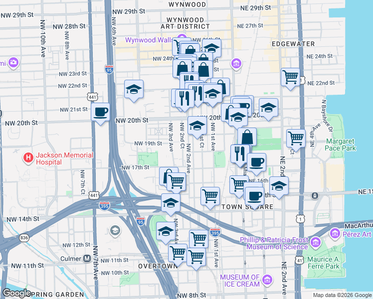 map of restaurants, bars, coffee shops, grocery stores, and more near 1746 Northwest 2nd Court in Miami