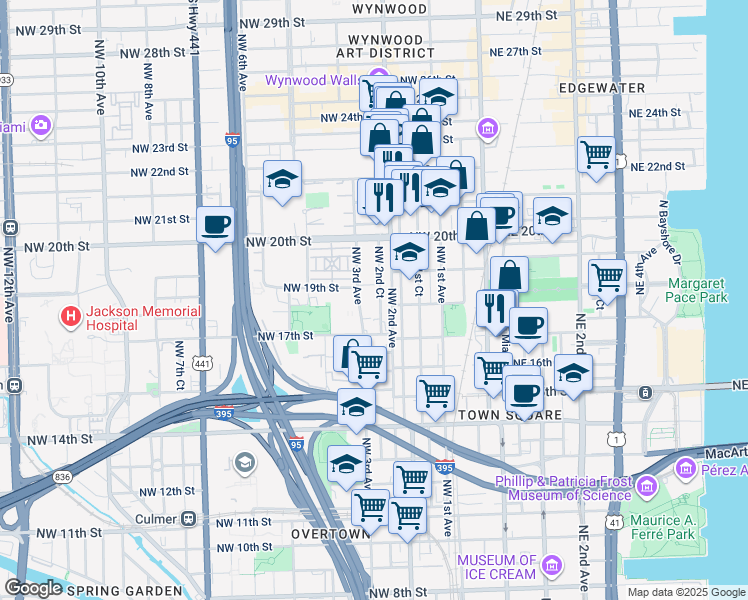 map of restaurants, bars, coffee shops, grocery stores, and more near 1746 Northwest 2nd Court in Miami