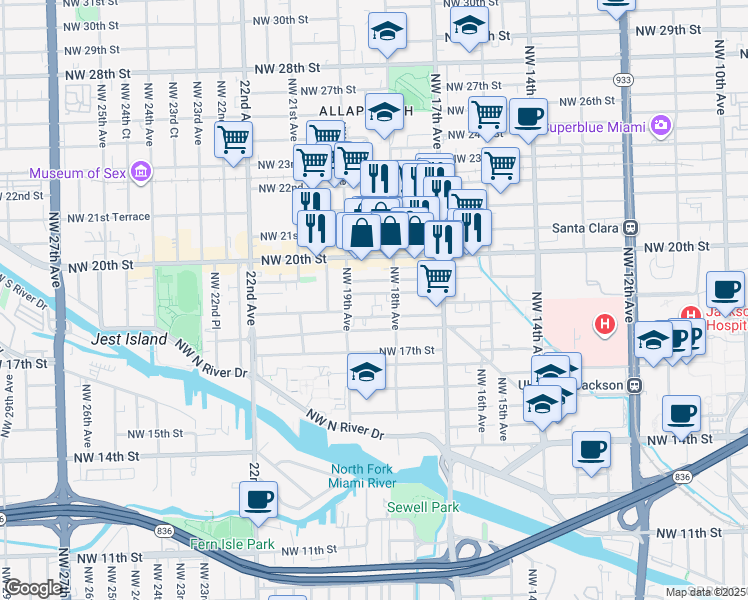 map of restaurants, bars, coffee shops, grocery stores, and more near 1847 Northwest 18th Terrace in Miami