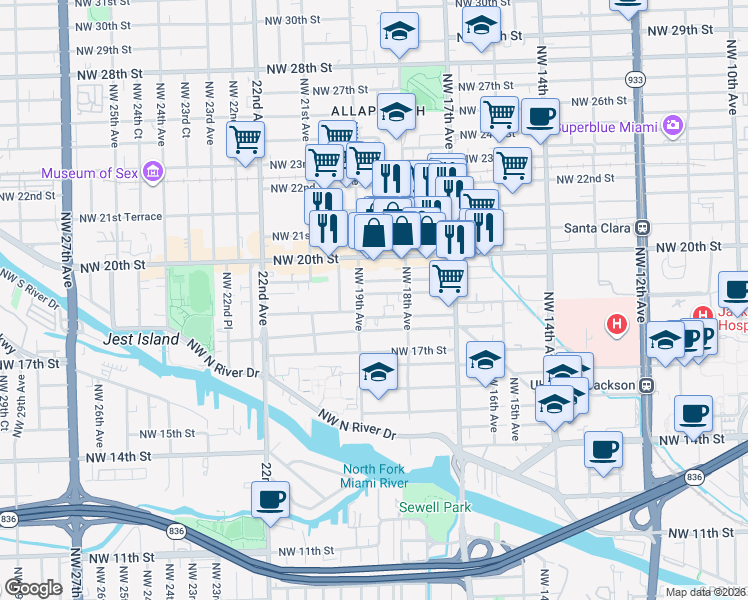 map of restaurants, bars, coffee shops, grocery stores, and more near 1847 Northwest 18th Terrace in Miami