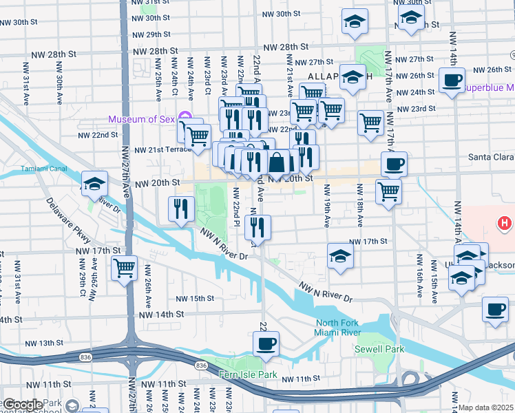 map of restaurants, bars, coffee shops, grocery stores, and more near 1853 Northwest 22nd Court in Miami