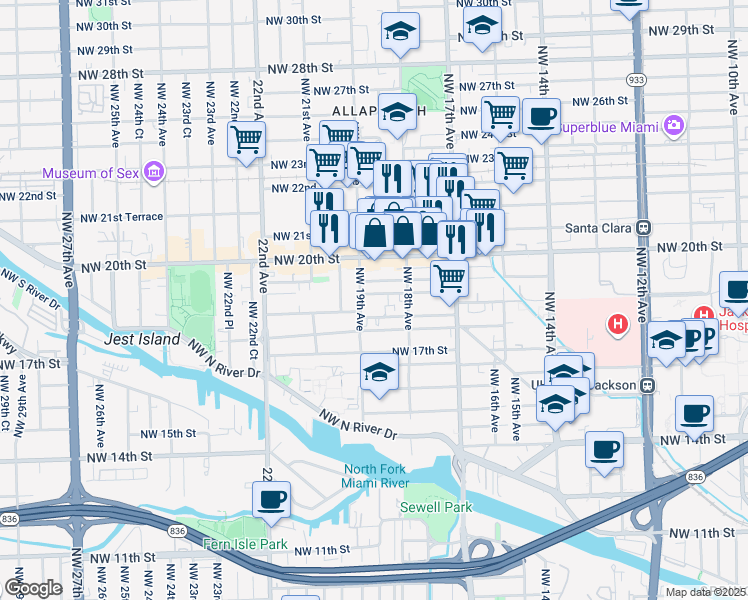map of restaurants, bars, coffee shops, grocery stores, and more near 1847 Northwest 18th Terrace in Miami