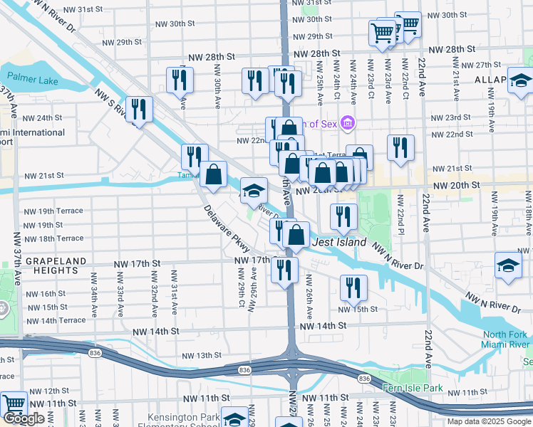 map of restaurants, bars, coffee shops, grocery stores, and more near 324 Northwest South River Drive in Miami
