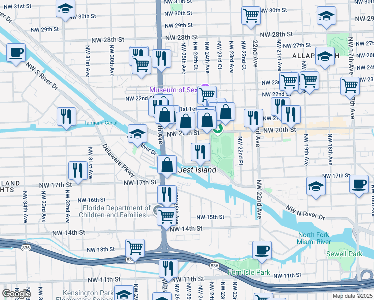 map of restaurants, bars, coffee shops, grocery stores, and more near 1935 Northwest 25th Avenue in Miami