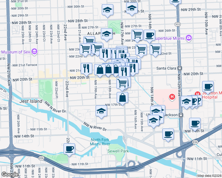 map of restaurants, bars, coffee shops, grocery stores, and more near 1759 Northwest 18th Terrace in Miami