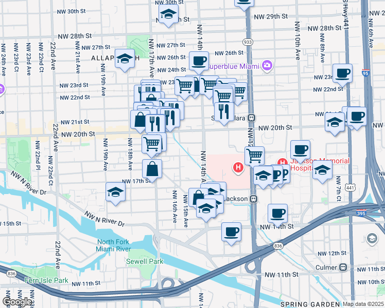 map of restaurants, bars, coffee shops, grocery stores, and more near 1400 Northwest 19th Street in Miami