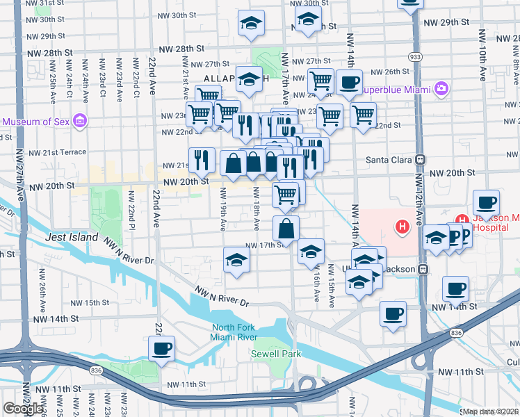 map of restaurants, bars, coffee shops, grocery stores, and more near 1759 Northwest 18th Terrace in Miami