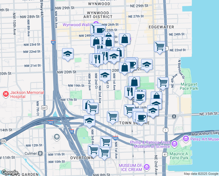 map of restaurants, bars, coffee shops, grocery stores, and more near 1765 Northwest 1st Place in Miami