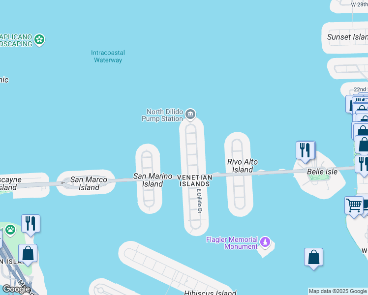 map of restaurants, bars, coffee shops, grocery stores, and more near 526 West Dilido Drive in Miami Beach