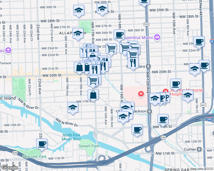 map of restaurants, bars, coffee shops, grocery stores, and more near 1515 Northwest 18th Street in Miami
