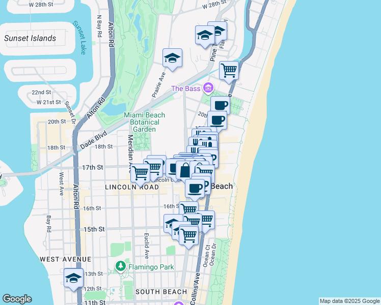 map of restaurants, bars, coffee shops, grocery stores, and more near 1701 Washington Avenue in Miami Beach