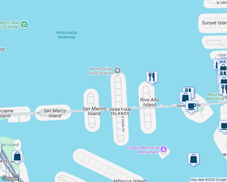 map of restaurants, bars, coffee shops, grocery stores, and more near 526 West Dilido Drive in Miami Beach