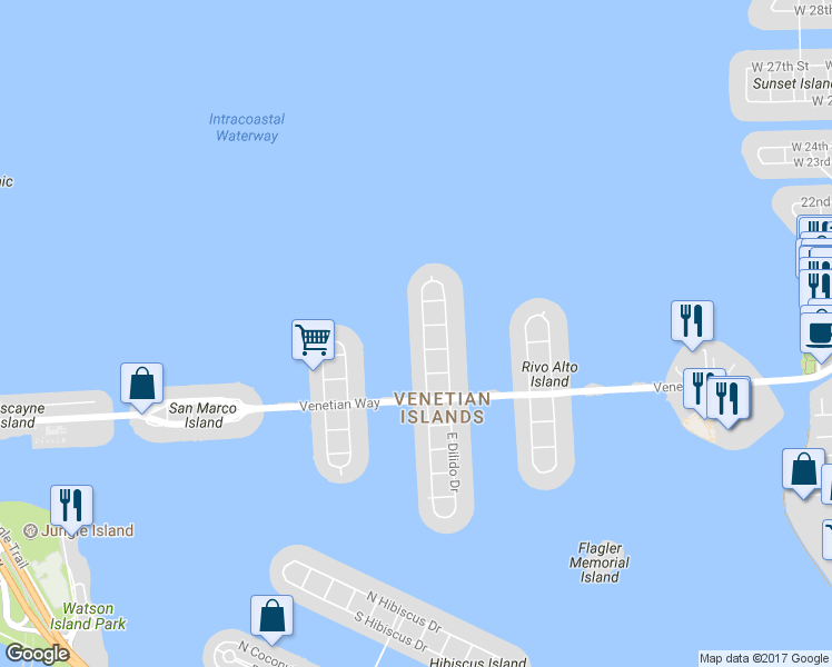 map of restaurants, bars, coffee shops, grocery stores, and more near 526 West Dilido Drive in Miami Beach