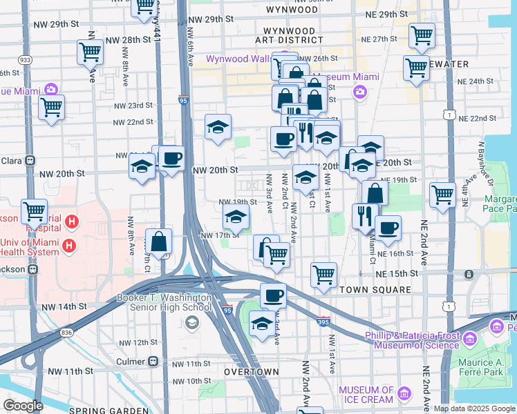 map of restaurants, bars, coffee shops, grocery stores, and more near 1750 Northwest 3rd Avenue in Miami