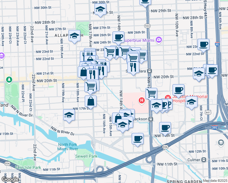 map of restaurants, bars, coffee shops, grocery stores, and more near 1400 Northwest 19th Street in Miami