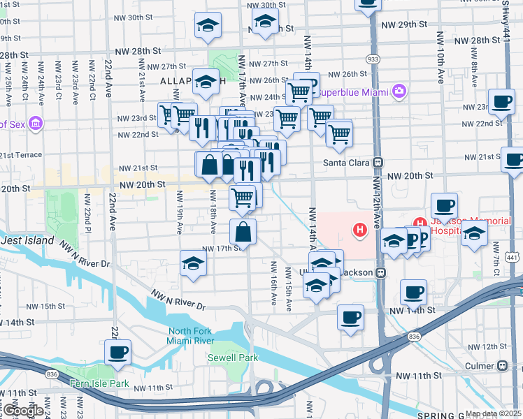 map of restaurants, bars, coffee shops, grocery stores, and more near 1801 Northwest 17th Avenue in Miami