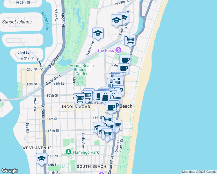 map of restaurants, bars, coffee shops, grocery stores, and more near 1701 Washington Avenue in Miami Beach