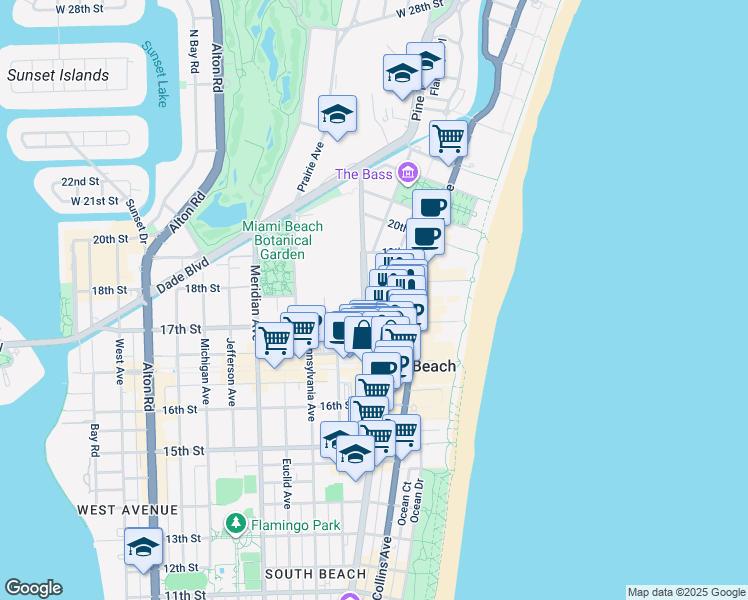 map of restaurants, bars, coffee shops, grocery stores, and more near 1751 Washington Avenue in Miami Beach