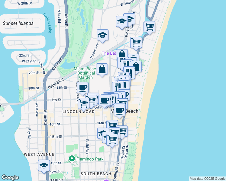 map of restaurants, bars, coffee shops, grocery stores, and more near 1751 Washington Avenue in Miami Beach
